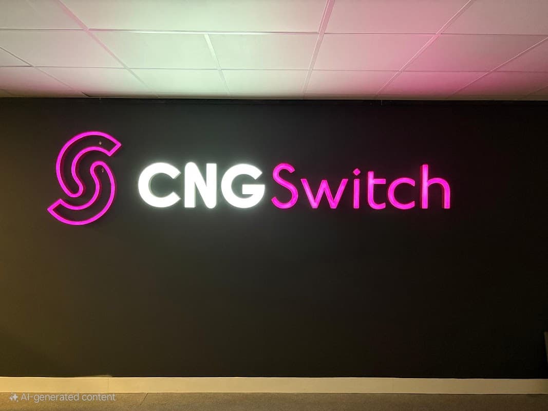 Neon sign of "CNG Switch" in pink and white against a dark wall, with a modern design and illuminated letters.