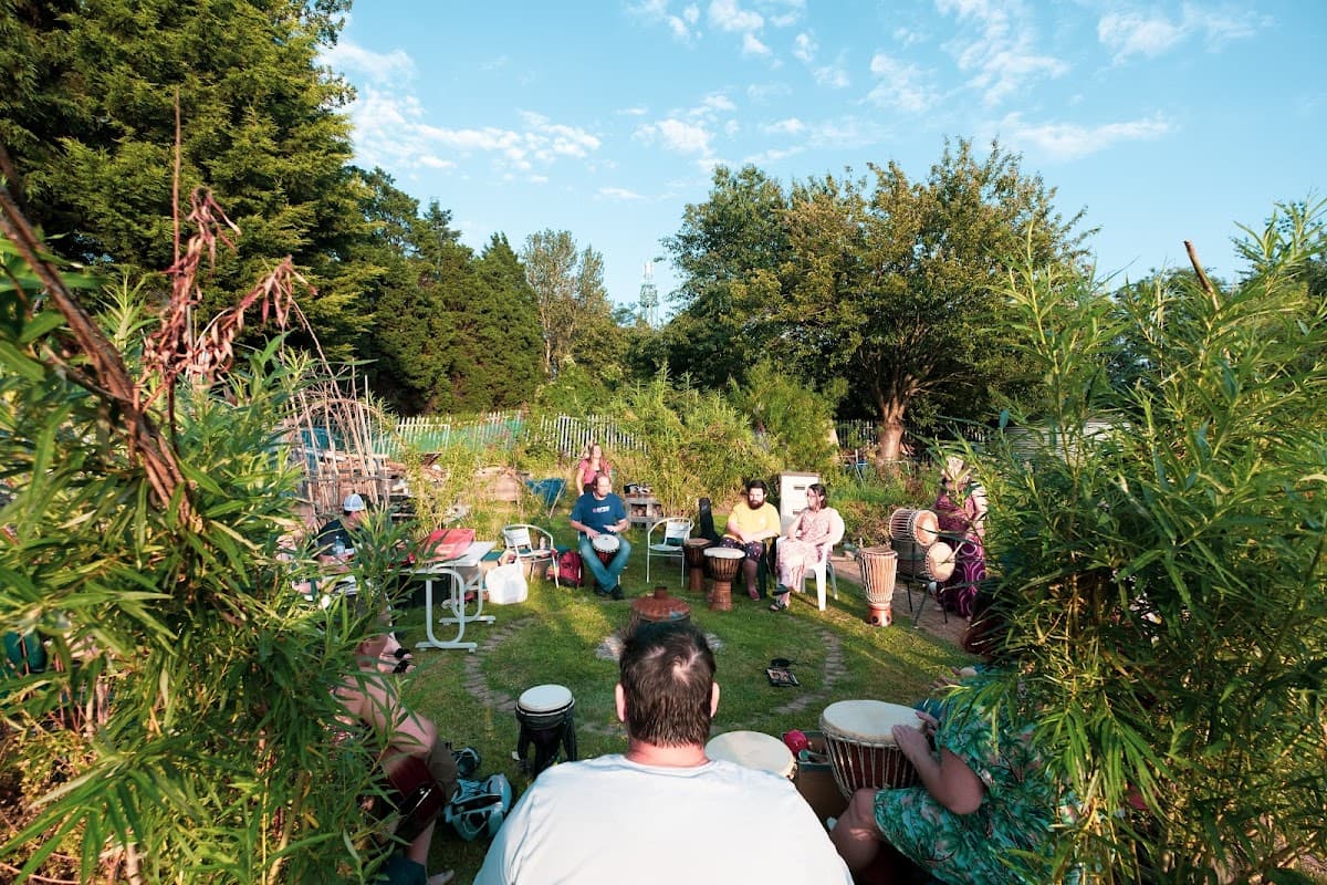 Group of people drumming in a lush garden, surrounded by greenery and trees under a clear blue sky.