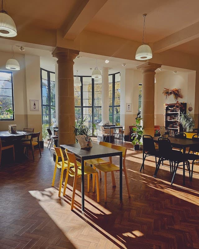 Bright event venue with large windows, wooden floors, and colorful chairs, featuring plants and cozy seating arrangements.