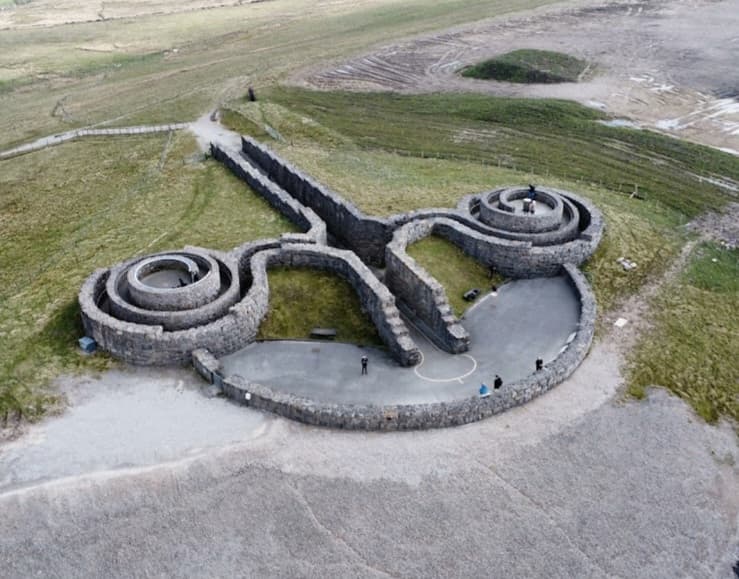Aerial view of Coldstones Cut, featuring stone structures resembling scissors on a grassy landscape in Bewerley, Yorkshire.