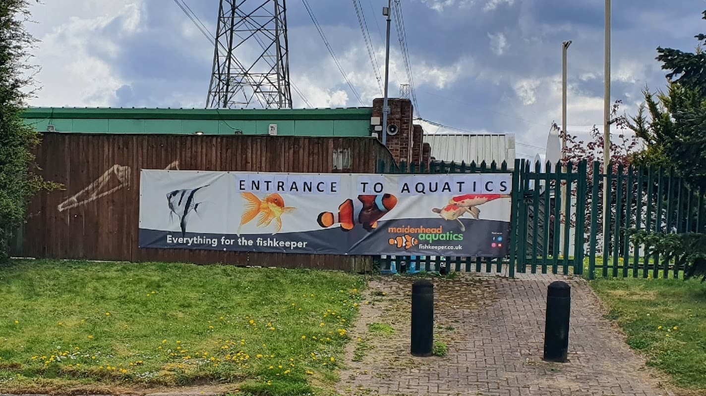 Entrance banner for Maidenhead Aquatics Leeds South, featuring fish images and green fencing in a grassy area.