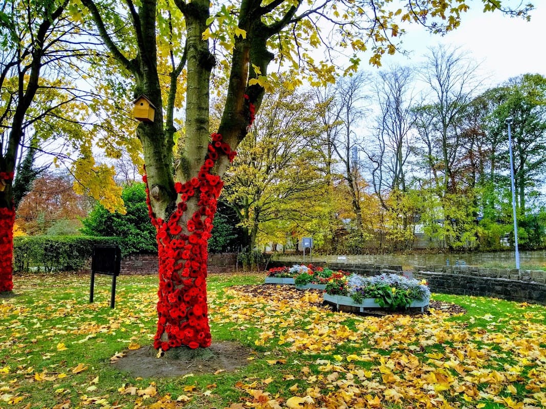 A tree adorned with red poppies, surrounded by autumn leaves and flower beds in Sparrow Park, Birkenshaw.