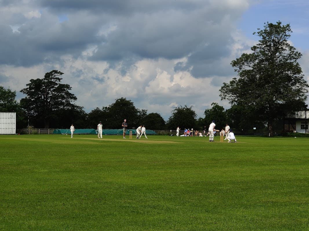 Cricket match in progress on a lush green field, with players in white uniforms and a cloudy sky overhead.