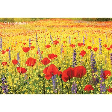 Vibrant field of red poppies and yellow flowers under a bright sky, showcasing a colorful floral landscape.