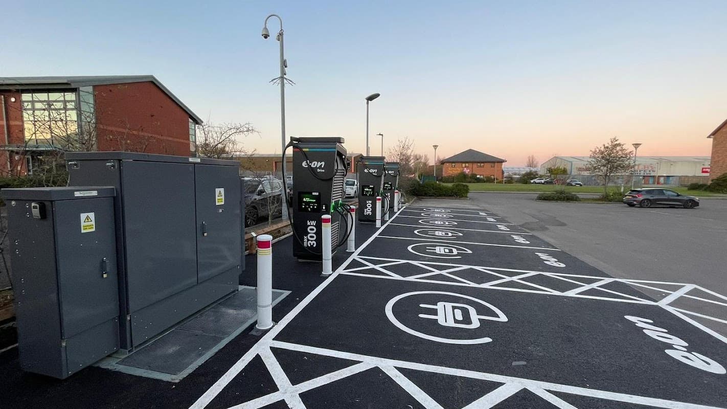 E.ON Drive Charging Station with multiple charging points and marked parking spaces in Brayton, North Yorkshire.