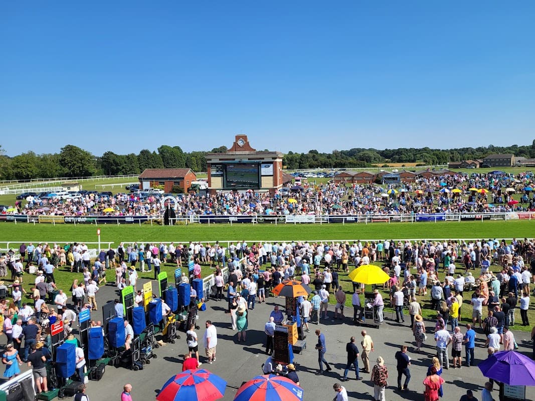 Crowd gathered at Ripon Races under clear blue skies, with colorful umbrellas and a racecourse in the background.