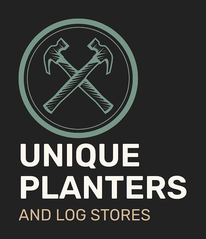 Logo featuring crossed hammers with the text "Unique Planters and Log Stores" below in a modern font.