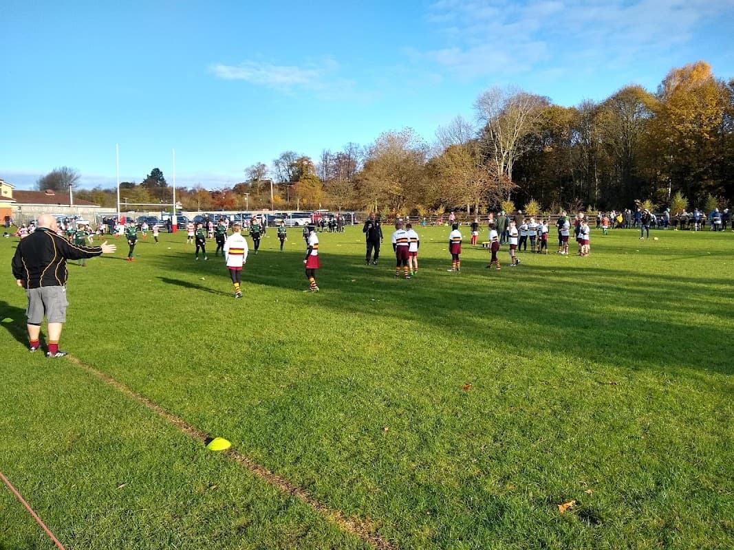 Children playing rugby on a grassy field, surrounded by trees and spectators in a sunny, clear sky.