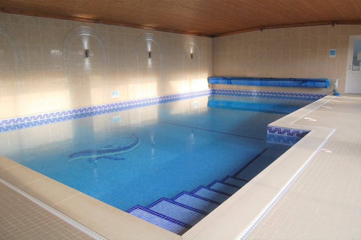 Indoor swimming pool with tiled edges, blue water, and wooden ceiling, featuring steps leading into the pool.