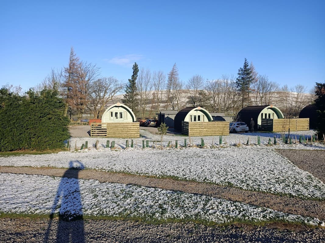 Caravan and campsite with curved cabins, snowy ground, and trees against a clear blue sky in Burtersett, Yorkshire.