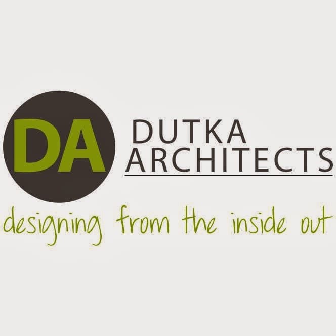 Logo featuring "Dutka Architects" with green and black colors, tagline "designing from the inside out."