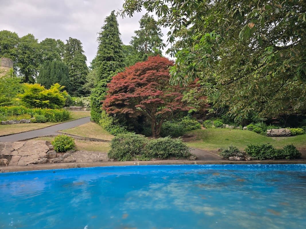 Lush garden with a vibrant red tree, green shrubs, and a blue pool, set against a cloudy sky in Bebra Gardens.