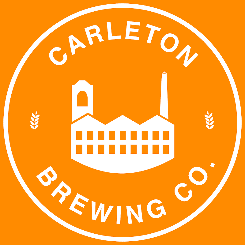 Carleton Brewing Company logo featuring a white factory silhouette on an orange background with decorative elements.