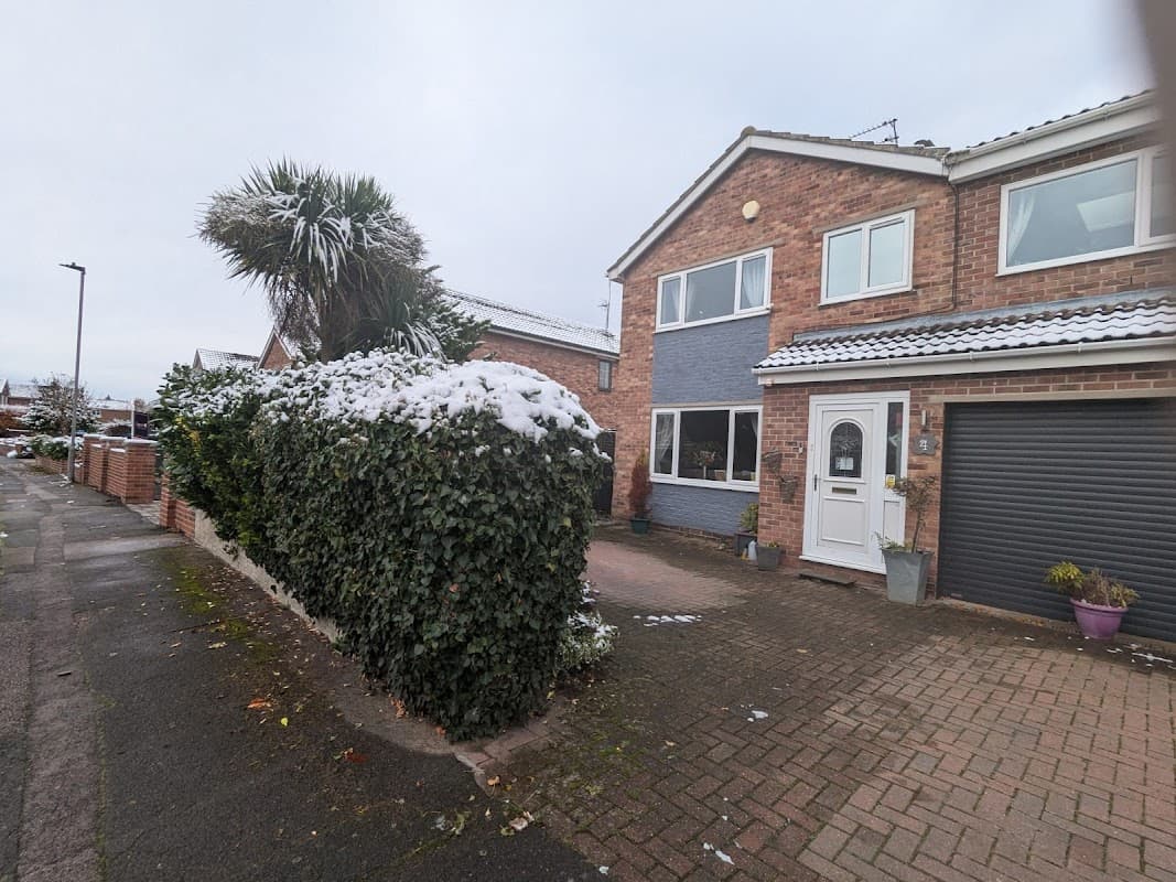 Pawsome Pad, a brick hotel with snow on hedges, palm trees, and a welcoming entrance in Carlton, Yorkshire.