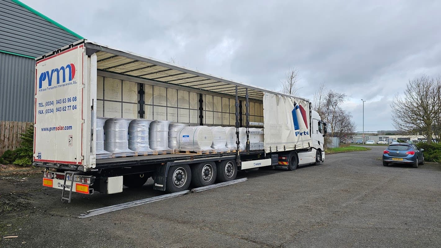 A delivery truck loaded with wrapped materials parked at Greenstik Materials Ltd in Carnaby, Yorkshire.