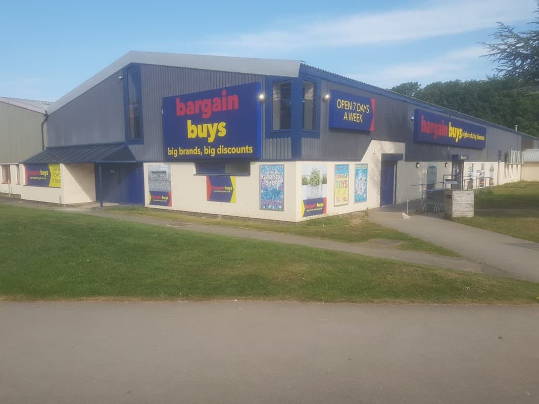 Bargain Buys store in Carnaby, Yorkshire, featuring large signage promoting discounts and open days.