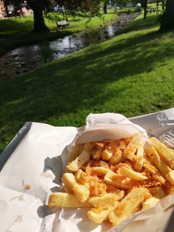 A serving of golden fries beside a bun, with a lush green park and stream in the background.