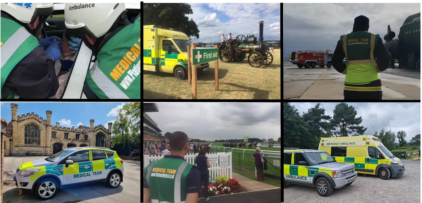 Various scenes of first aid training, ambulances, medical teams, and event cover in Catterick, North Yorkshire.