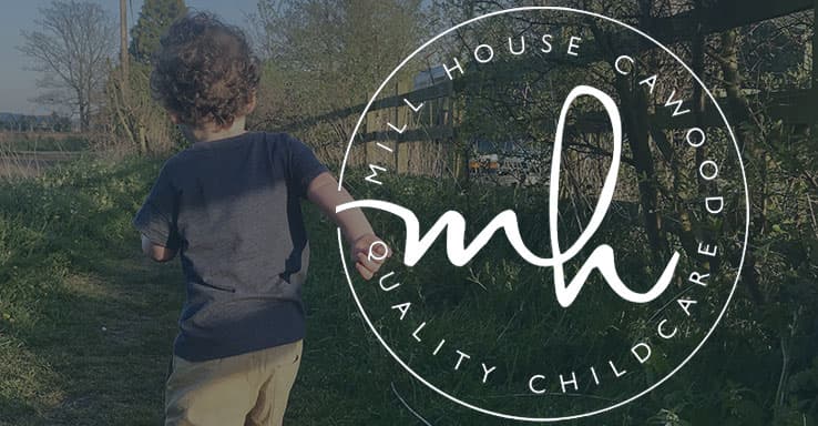 Child running along a path with greenery, featuring the Mill House Childcare logo in the foreground.