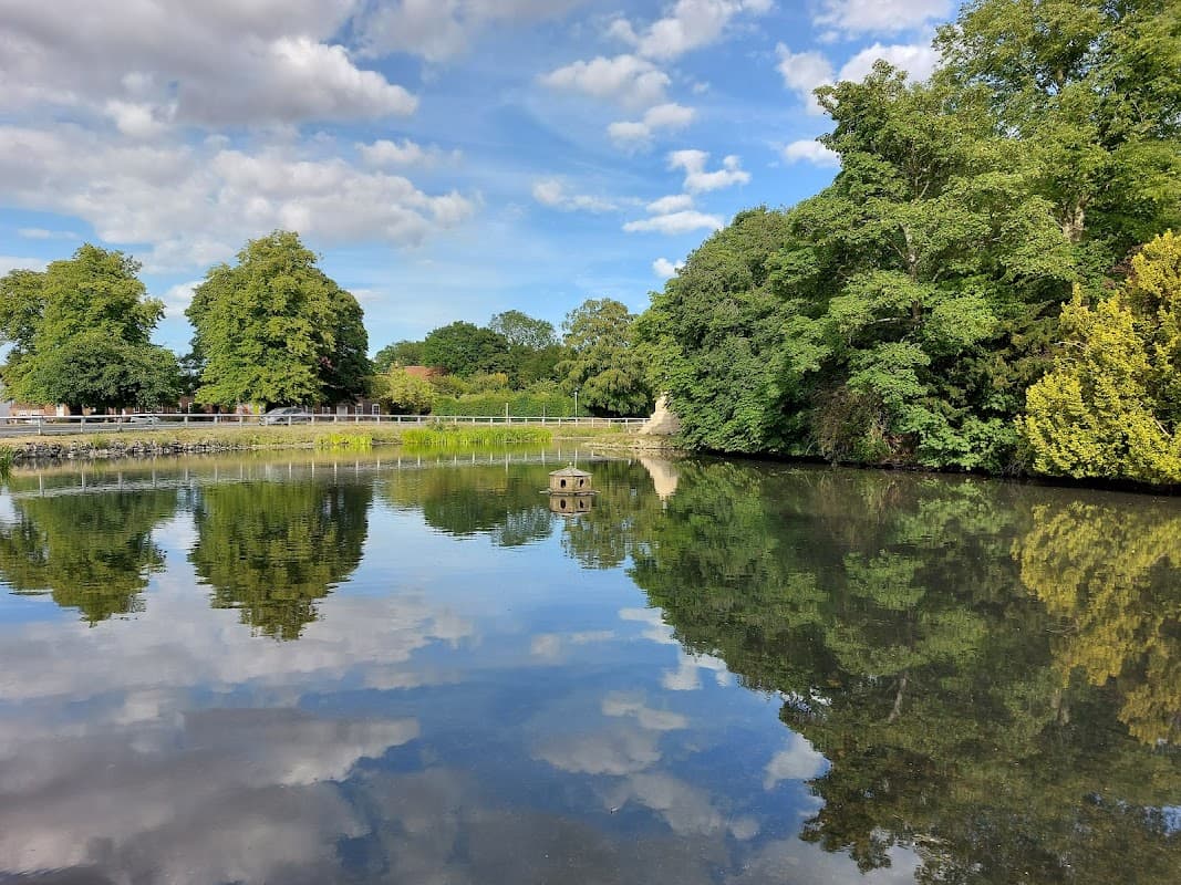 Serene duck pond reflecting trees and clouds, surrounded by lush greenery and a wooden railing in Cherry Burton, Yorkshire.
