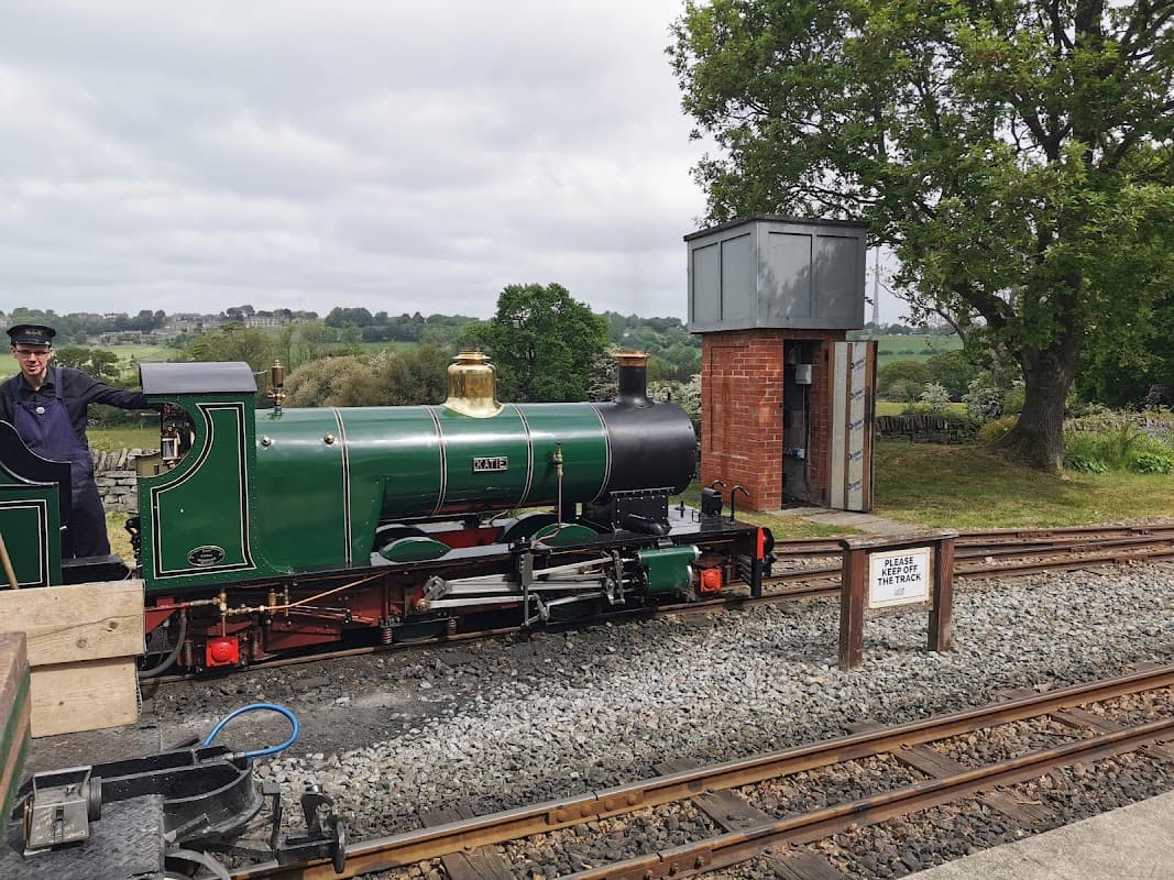 A green steam locomotive at a railway station with a conductor, surrounded by tracks and greenery.