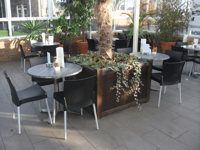 Indoor seating area with potted plants, tables, and chairs in a bright, glass-enclosed space.