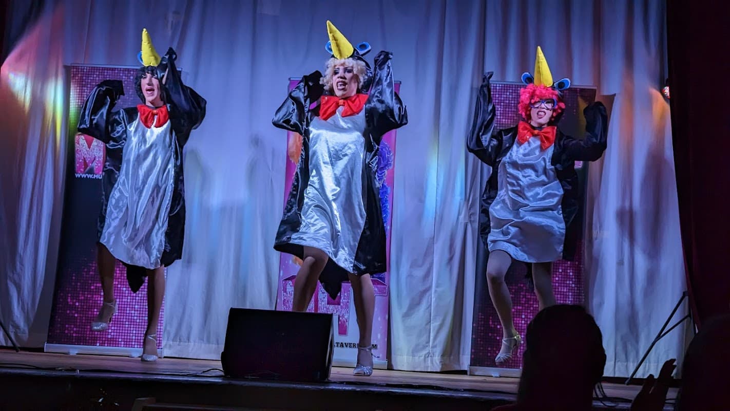 Three performers in penguin costumes with colorful hats dancing on stage, vibrant backdrop and audience silhouettes visible.