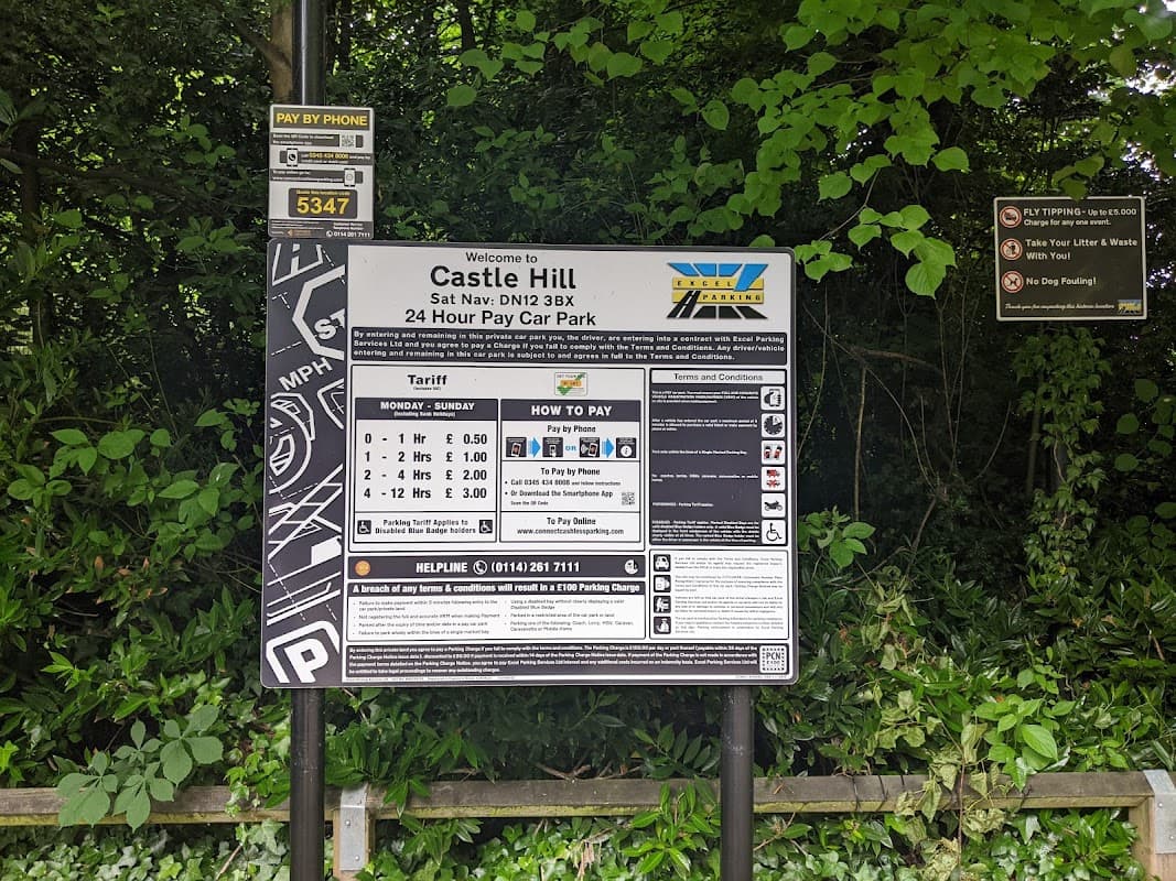 Welcome sign for Castle Hill Car Park with payment instructions, tariffs, and surrounded by greenery.