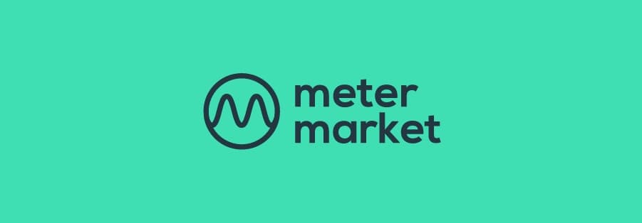 Logo for Meter Market with a green background, featuring a stylized wave symbol and bold text.
