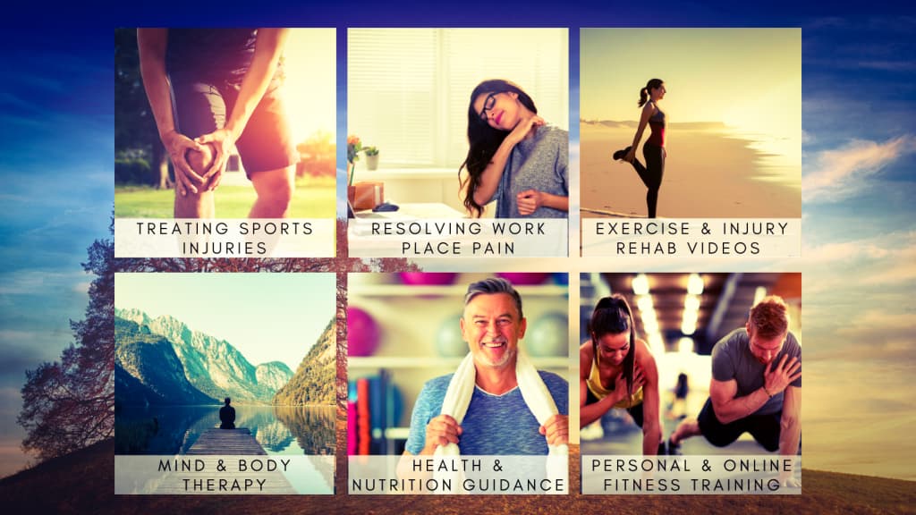 Collage highlighting Body Smart services: sports injuries, workplace pain, rehab videos, mind/body therapy, nutrition guidance, fitness training.