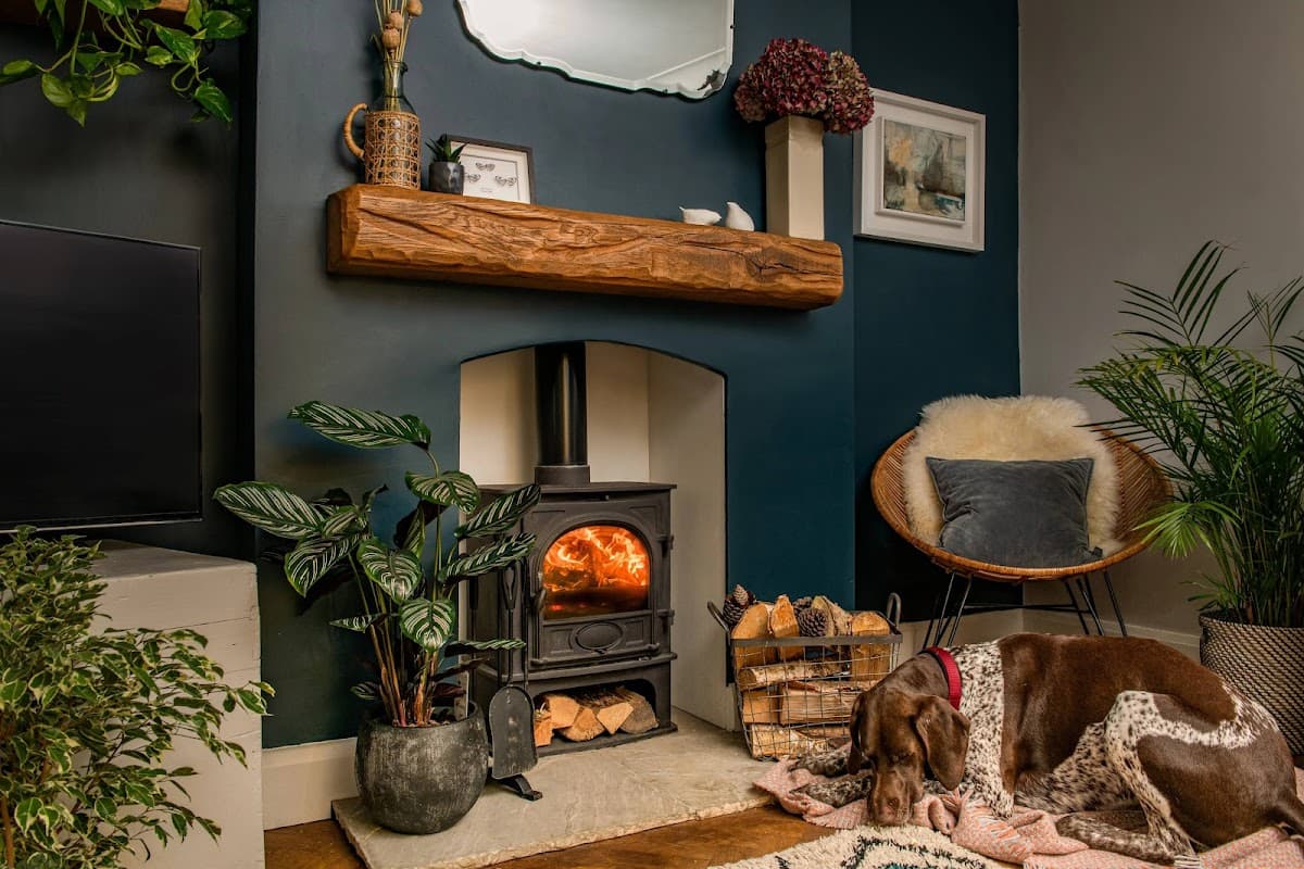 Cozy living space with oak fireplace beams, a wood-burning stove, plants, and a sleeping dog on a rug.