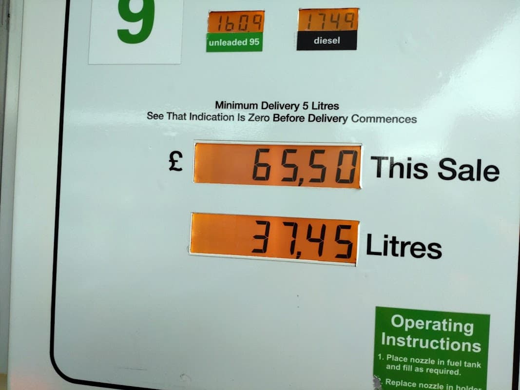 Fuel pump display showing £65.50 total sale and 37.45 litres dispensed at Morrisons Daily in Cross Hills, Yorkshire.