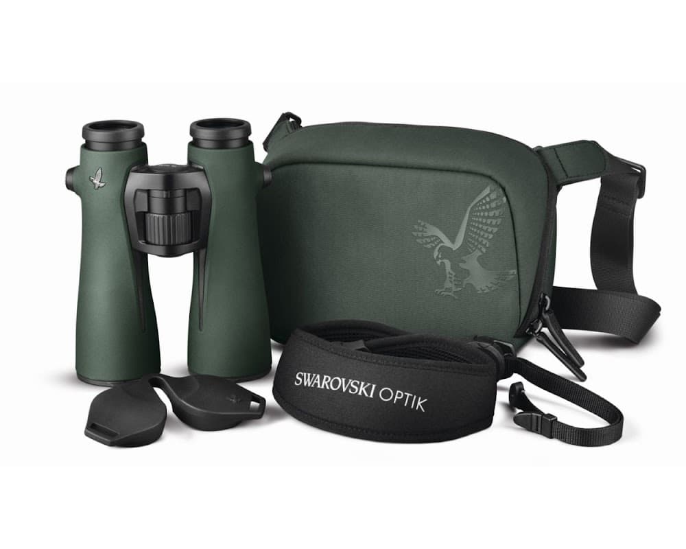 Binoculars with a green casing, carrying case, strap, and lens covers, featuring the Swarovski Optik logo.