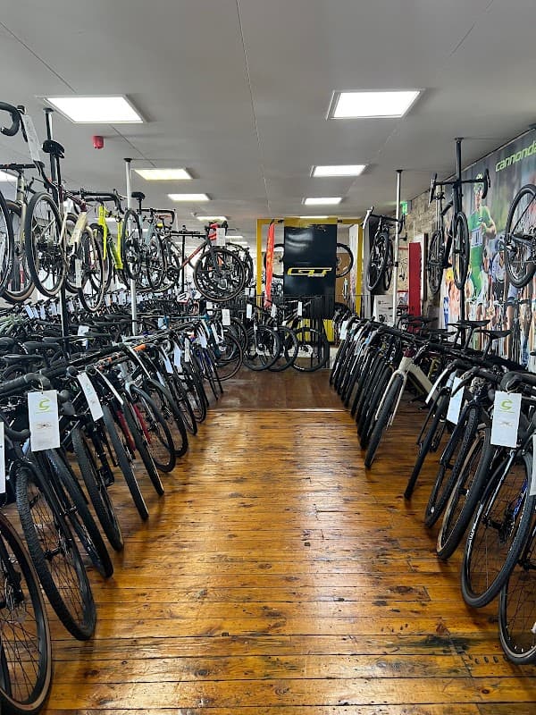 Bikes displayed on racks in a well-lit shop with wooden flooring, showcasing a variety of models and accessories.