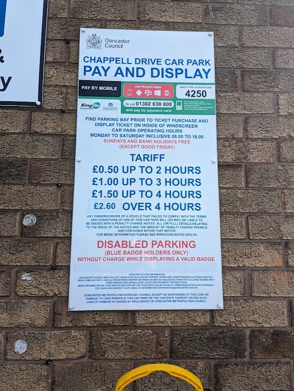 Chappell Drive East Car Park sign detailing Pay & Display rates and parking information in Doncaster, Yorkshire.