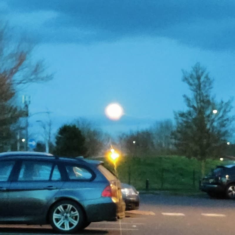 Dome Car Park at dusk with parked cars, a full moon rising in the background, and trees lining the area.