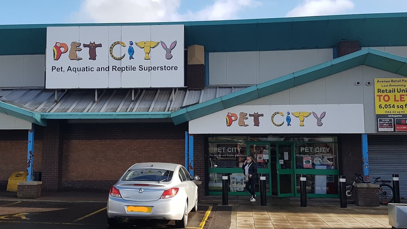 "Exterior of Pet City store with colorful signage, a white car parked outside, and a person entering the shop."