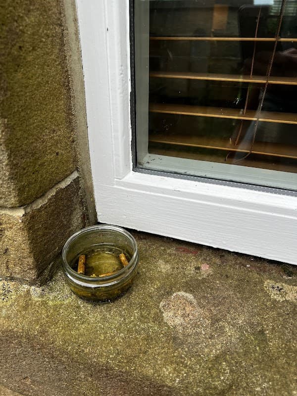 A small glass jar with wooden sticks sits on a stone ledge beside a window with wooden blinds.