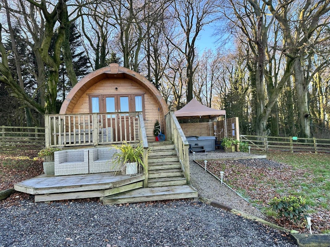 Wooden cabin with a deck, surrounded by trees, steps leading up, and a gazebo nearby in a tranquil setting.