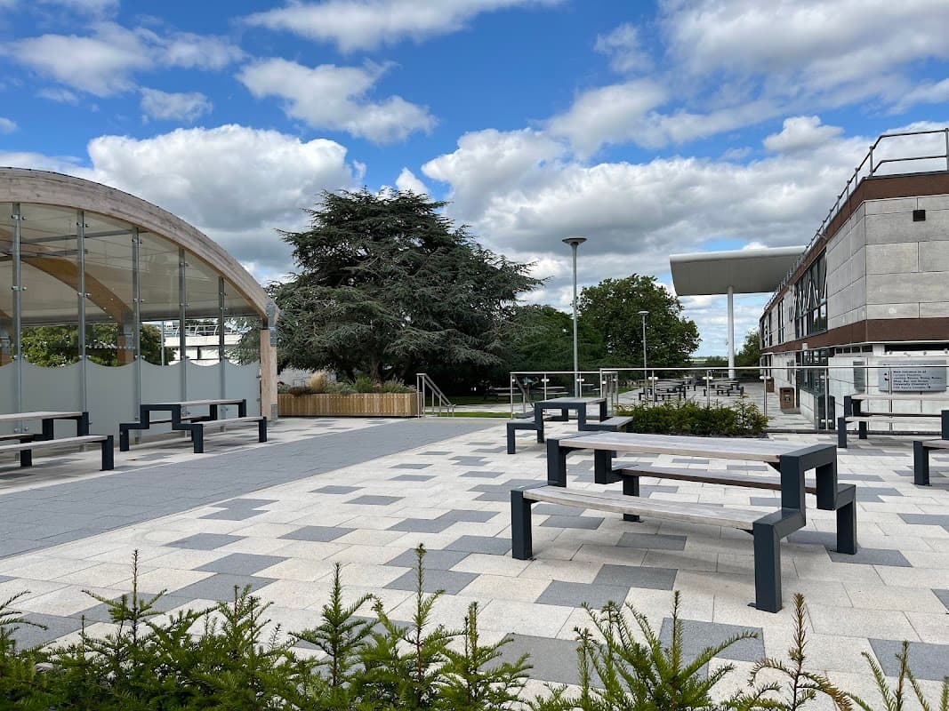 Modern corporate office building with a landscaped plaza, benches, greenery, and a large tree under a cloudy sky.