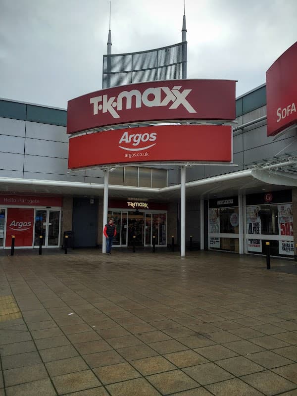 Storefront of Rotherham Parkgate Argos with red signage, located in a shopping area with tiled pavement.