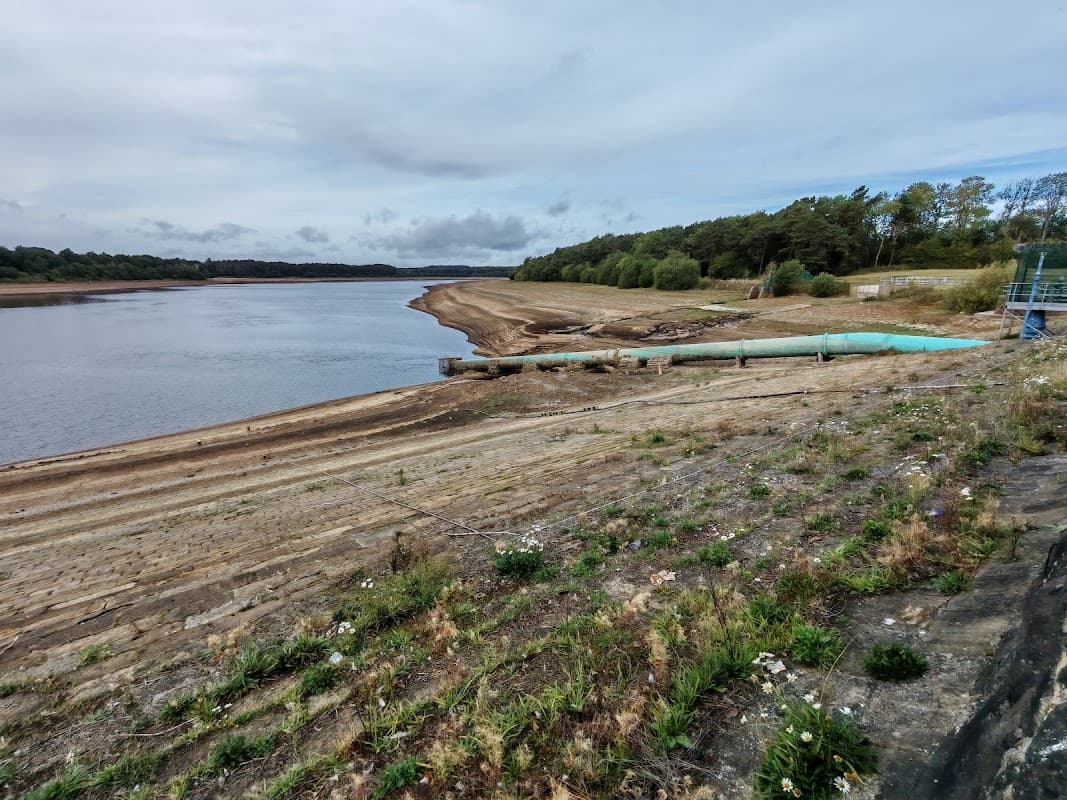 Eccup Reservoir with a dry shoreline, green pipe, and trees lining the water's edge under a cloudy sky.