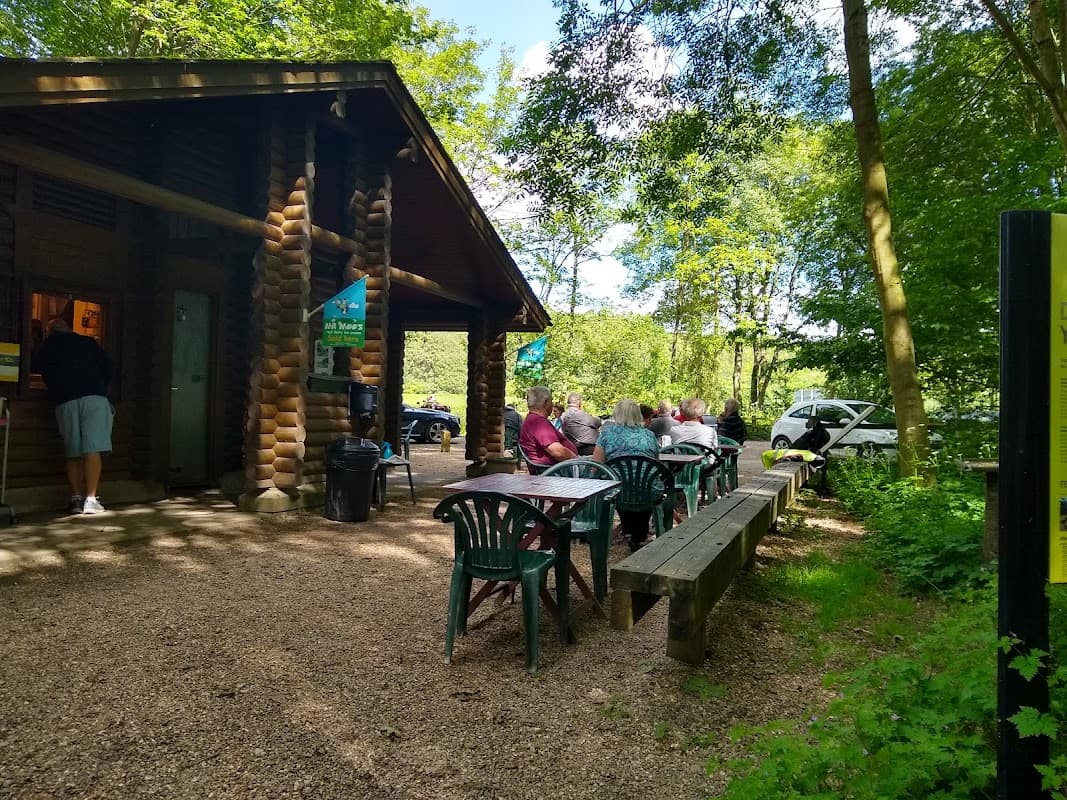 Log cabin cafe surrounded by trees, with patrons seated at outdoor tables and a gravel path leading to the entrance.