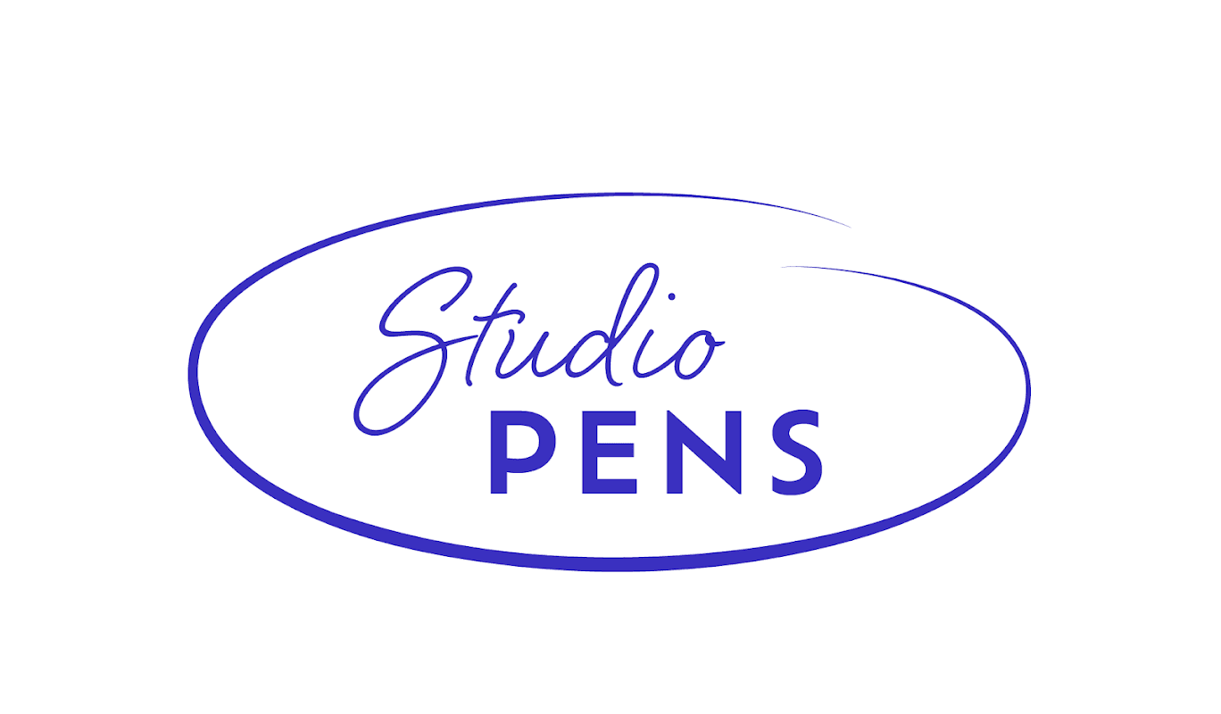 Logo featuring "Studio PENS" in a stylized font within an oval shape, colored in blue and white.