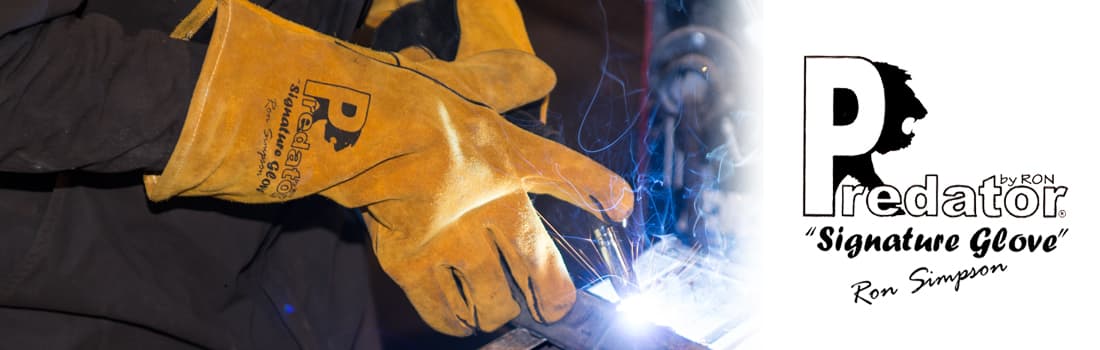 Welding gloves with "Predator" branding, sparks flying, alongside the logo and text for "Just 1 Source & Supply".
