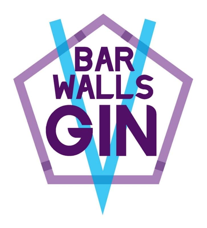 Bar Walls Spirits logo featuring "BAR WALLS" in purple and "GIN" in bold, with a geometric design in blue and purple.