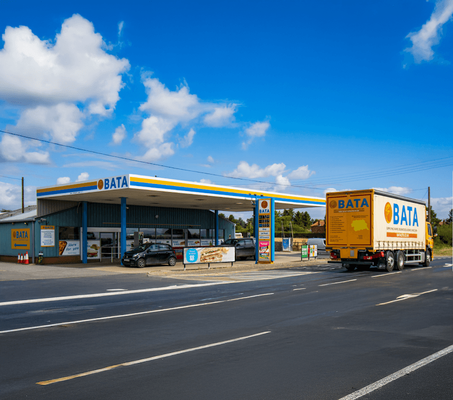 BATA petrol station with convenience store, featuring a truck and cars, set against a blue sky in Gate Helmsley.