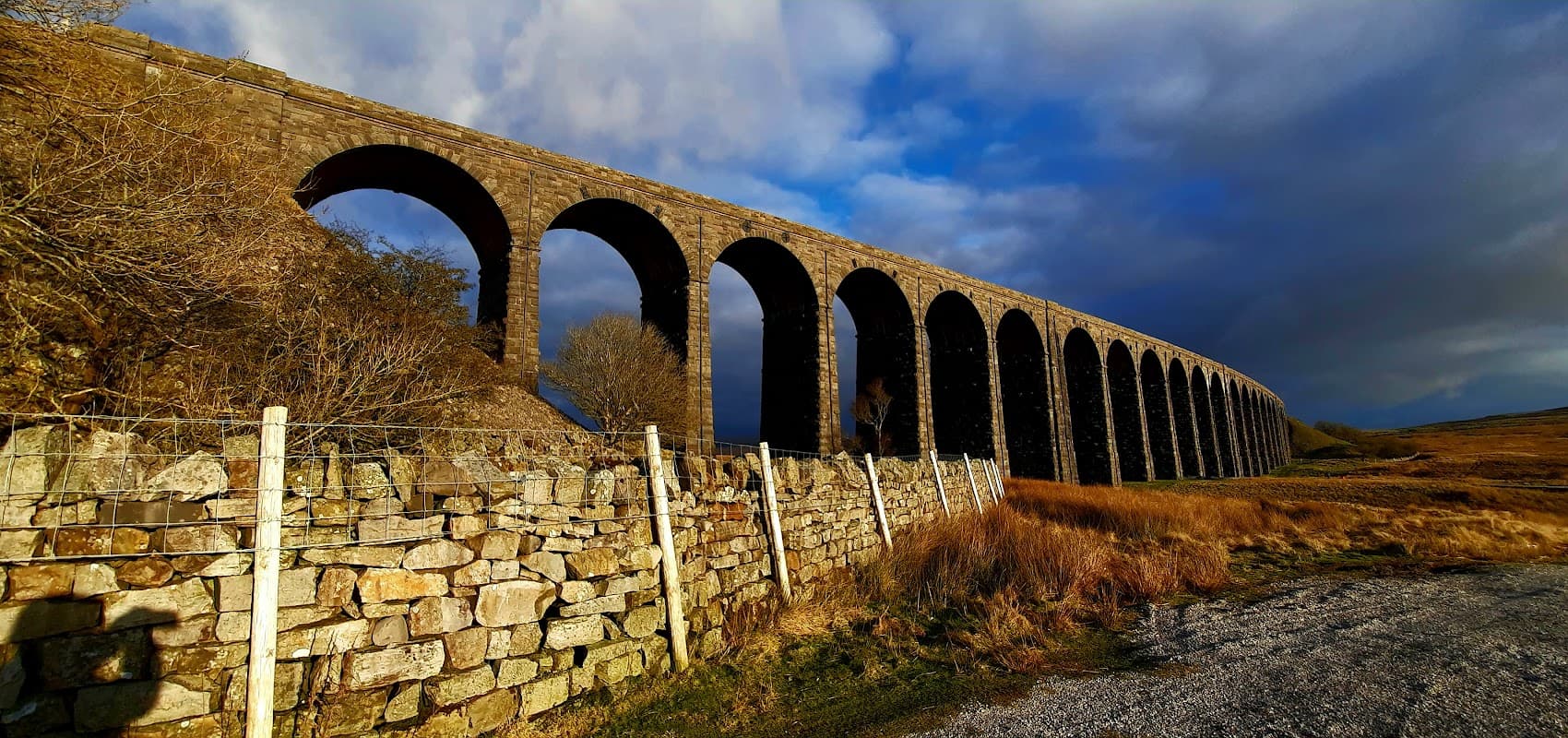 Ribblehead Viaduct arches over a grassy landscape under a dramatic sky, framed by dry stone walls.