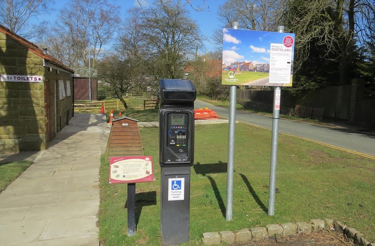 Pay & Display parking machine and information sign near a path, with trees and a road in the background.
