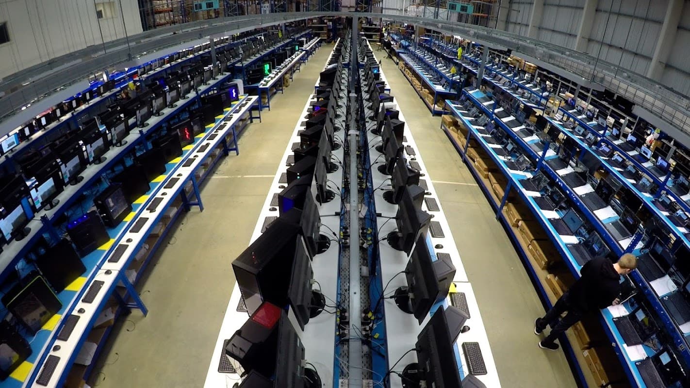 Rows of computer workstations with monitors, keyboards, and assembly areas in a large workshop.